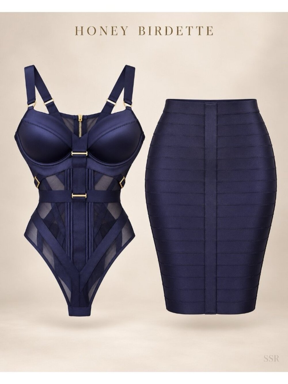 Honey Birdette Black Collection Elvis Navy 2 Pc Set NWT Bodysuit 34DD/E  M Rare